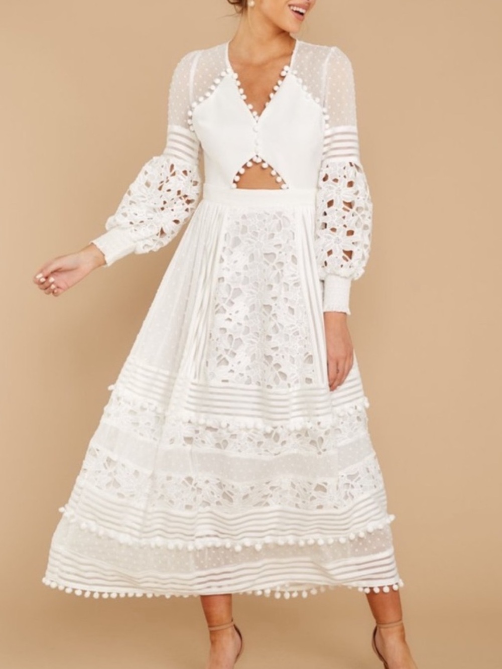 Elegant White Lace Midi Dress with Puff Sleeves Zimmerman inspired